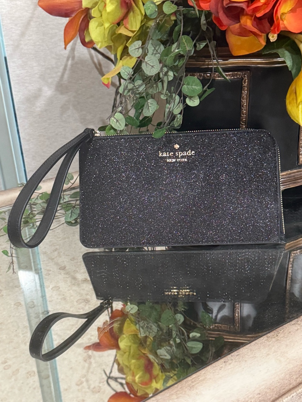 kate spade Black Glitter Wristlet with Strap